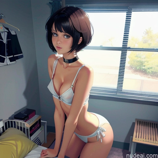 One Sorority Skinny Small Tits Small Ass Short Short Hair 18 Brunette Pixie White Soft Anime Choker Pajamas Bedroom Sleeping Downblouse: 俯身露乳