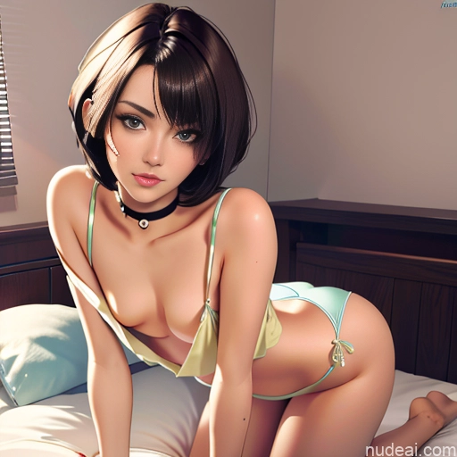 One Sorority Skinny Small Tits Small Ass Short Short Hair 18 Brunette Pixie White Soft Anime Choker Pajamas Bedroom Sleeping Downblouse: 俯身露乳