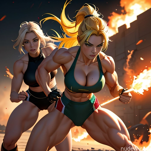 Super Saiyan Woman Bodybuilder Busty Front View Cosplay Martial Arts Battlefield