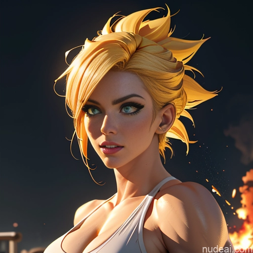 Super Saiyan Woman Bodybuilder Busty Front View Battlefield