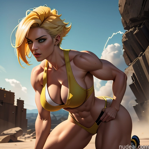 ai nude image of pics of Super Saiyan Woman Bodybuilder Busty Front View Battlefield