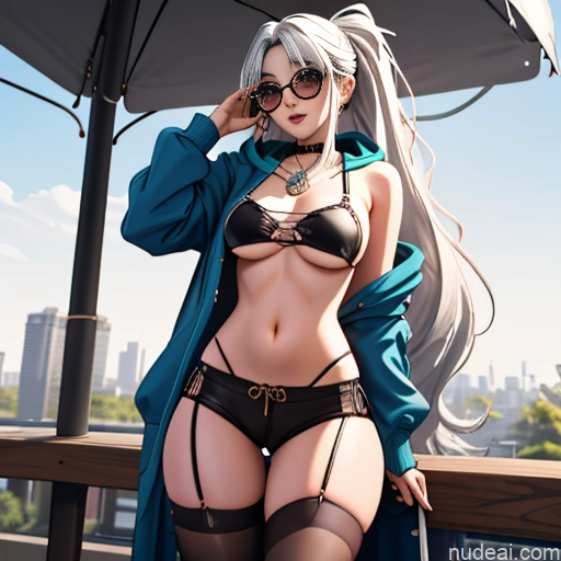 Woman One Skinny Long Hair Glasses Cropped Hoodie Underboob Micro Shorts 20s Seductive White Hair Bangs Straight White Soft Anime Tokyo Choker Thigh Socks Goth Gals V1 Whale Tail (Clothing)