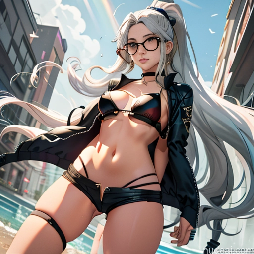 Woman One Skinny Long Hair Glasses Micro Shorts 20s Seductive White Hair Bangs Straight White Soft Anime Tokyo Choker Thigh Socks Whale Tail (Clothing) Crisp Anime Crop Top Jacket Undressing Bra