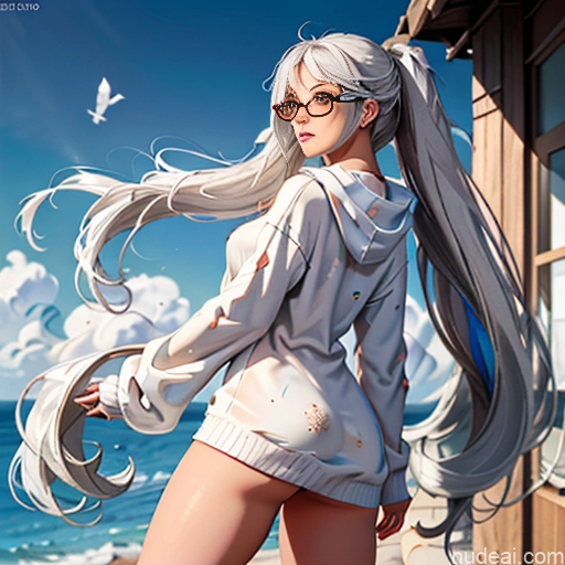 Woman One Skinny Long Hair 20s Seductive White Hair Bangs White Soft Anime Crisp Anime Bedroom On Back Thigh Socks Sweater Choker Oversized Sweater/Hoodie Pov Panties Busty Glasses Messy