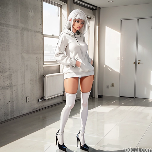 Woman One Skinny 20s Seductive White Hair Bangs White Soft Anime Crisp Anime Bedroom Thigh Socks Sweater Choker Oversized Sweater/Hoodie Messy Panties Perfect Boobs Beautiful Big Hips Long Legs