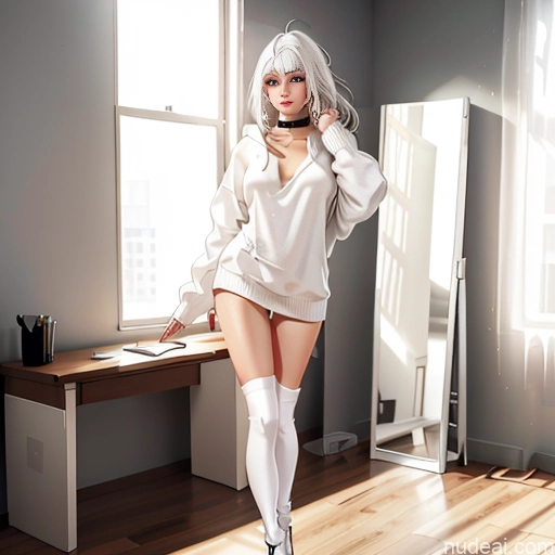 Woman One Skinny 20s Seductive White Hair Bangs White Soft Anime Crisp Anime Bedroom Thigh Socks Sweater Choker Oversized Sweater/Hoodie Messy Panties Perfect Boobs Long Legs Straddling