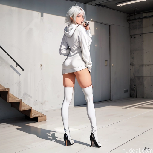 Woman One Skinny 20s Seductive White Hair Bangs White Bedroom Thigh Socks Sweater Choker Oversized Sweater/Hoodie Messy Panties Perfect Boobs Long Legs Straddling Partially Nude