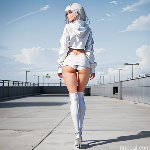 Woman One Skinny 20s Seductive White Hair Bangs White Thigh Socks Sweater Choker Oversized Sweater/Hoodie Messy Panties Perfect Boobs Long Legs Partially Nude Yoga