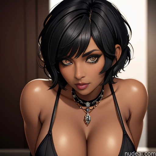 related ai porn images free for Dark Skin Goth Tribal Huge Boobs Short Hair Close-up View Bending Over Cleavage