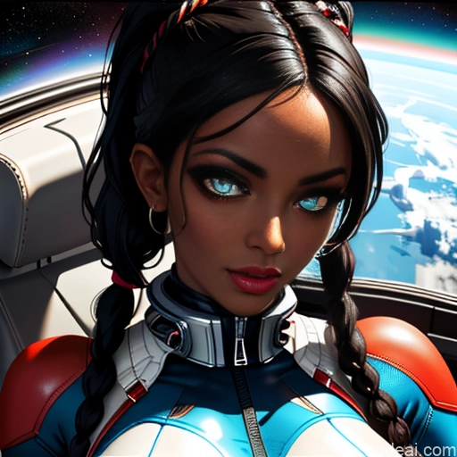 related ai porn images free for Dark Skin Tribal African Goth Huge Boobs Lipstick Black Hair Braided Pigtails Close-up View Straddling Spandex Space Suit Cleavage