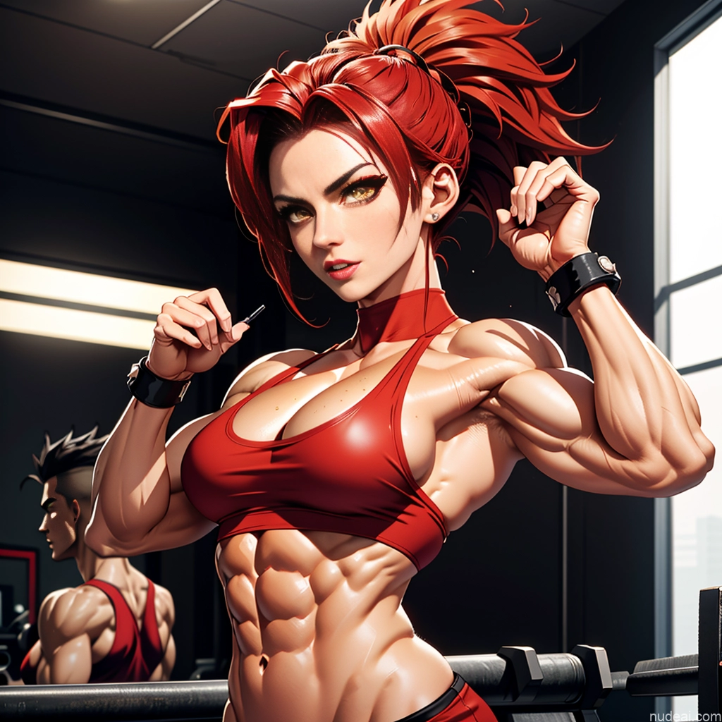 related ai porn images free for Super Saiyan 4 Woman Neon Lights Clothes: Red Busty Muscular Abs Front View