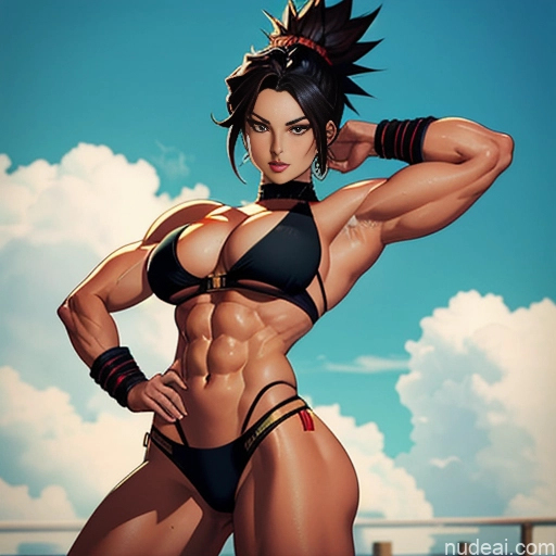 related ai porn images free for Super Saiyan 4 Woman Neon Lights Clothes: Red Busty Muscular Abs Front View Science Fiction Style