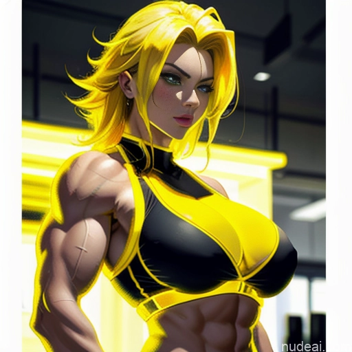 Woman Busty Super Saiyan Neon Lights Clothes: Yellow Bodybuilder Front View