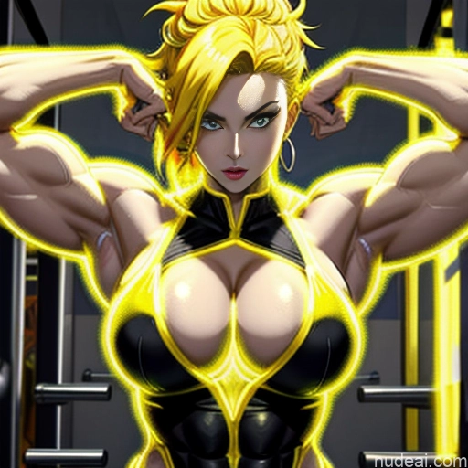 ai nude image of pics of Woman Busty Super Saiyan Neon Lights Clothes: Yellow Bodybuilder Front View