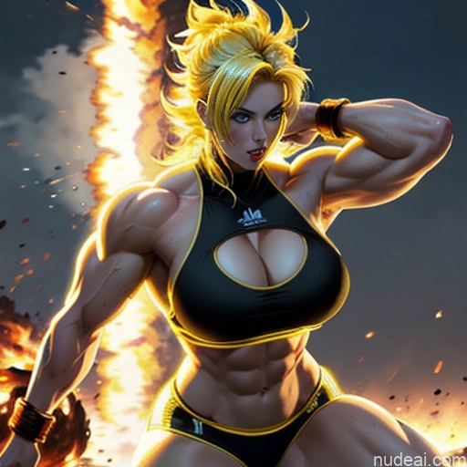 ai nude image of pics of Woman Busty Super Saiyan Neon Lights Clothes: Yellow Bodybuilder Front View Battlefield