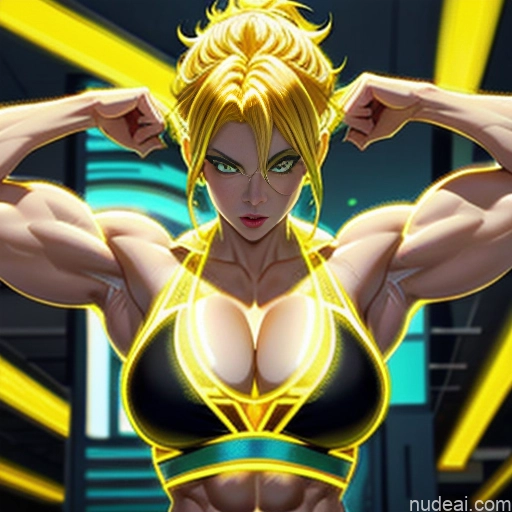 Woman Super Saiyan Neon Lights Clothes: Yellow Bodybuilder Front View