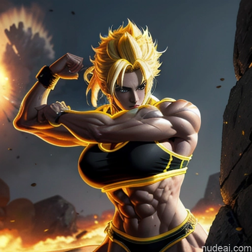 Super Saiyan Neon Lights Clothes: Yellow Busty Muscular Abs Woman Front View Two Battlefield