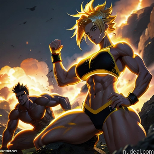 Super Saiyan Neon Lights Clothes: Yellow Busty Muscular Abs Woman Front View Two Battlefield