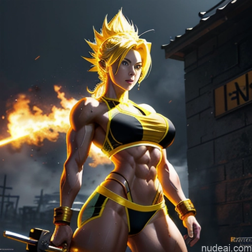 Super Saiyan Neon Lights Clothes: Yellow Busty Muscular Abs Woman Front View Battlefield