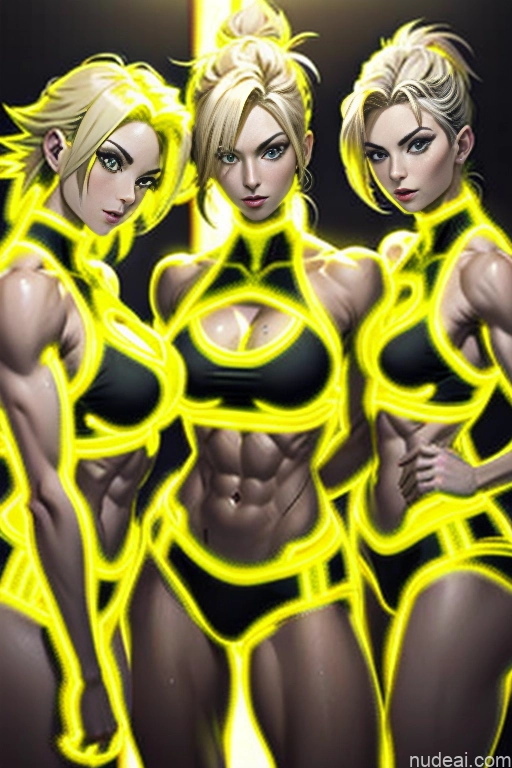 ai nude image of pics of Super Saiyan Woman Busty Muscular Abs Neon Lights Clothes: Yellow Front View