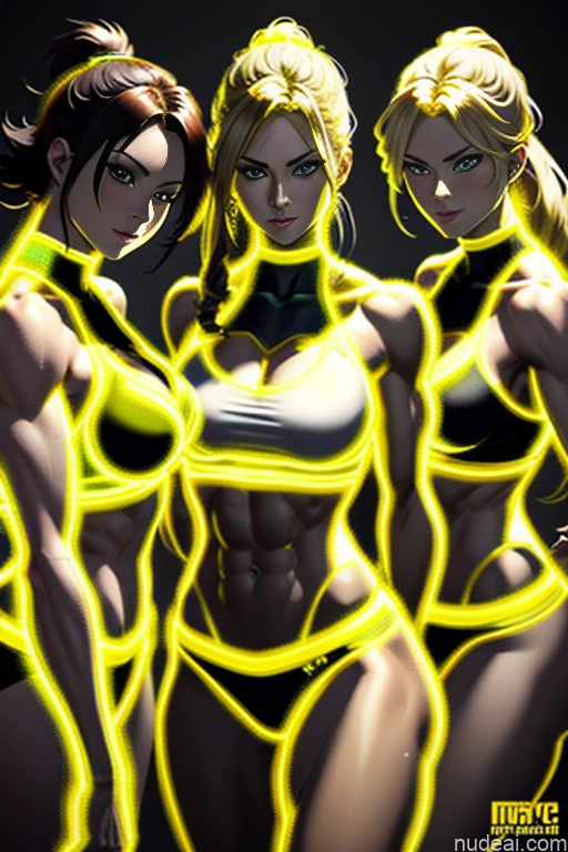 Super Saiyan Woman Busty Muscular Abs Neon Lights Clothes: Yellow Front View Battlefield