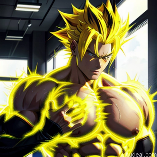 Super Saiyan Super Saiyan 4 Neon Lights Clothes: Red Neon Lights Clothes: Yellow Woman Bodybuilder Busty Front View Huge Boobs Perfect Boobs