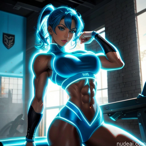 Superhero Cosplay Neon Lights Clothes: Blue Woman Busty Blue Hair Front View Abs Power Rangers Deep Blue Eyes Muscular Hawkgirl Angel Perfect Boobs Huge Boobs Spandex Satin Battlefield