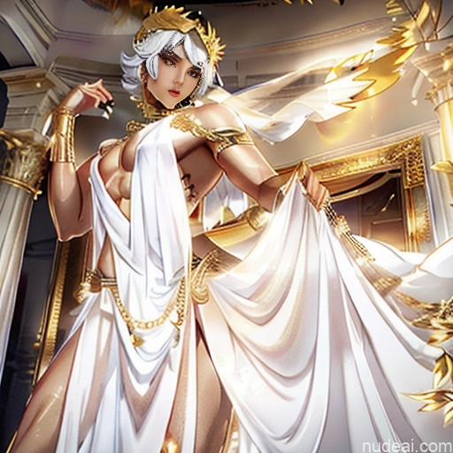 Neon Lights Clothes: Purple Nude Menstoga, White Robes, In White And Gold Costumem, Gold Headpiece, Gold Belt, Gold Chain