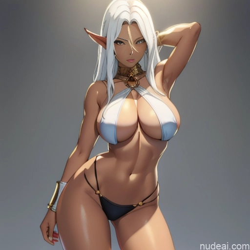 ai nude image of pics of Busty Huge Boobs Perfect Boobs Beautiful Big Hips Long Legs Perfect Body Tall Dark Skin White Hair Elf Outfit/Elf Bikini African Warm Anime Skin Detail (beta)