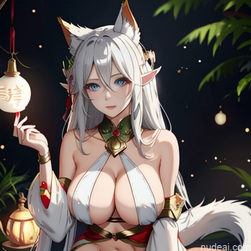 Elf Outfit/Elf Bikini Ahri, 1girl, Long Hair, Animal Ears, Whisker Markings, Korean Clothes, Cleavage, Detached Sleeves