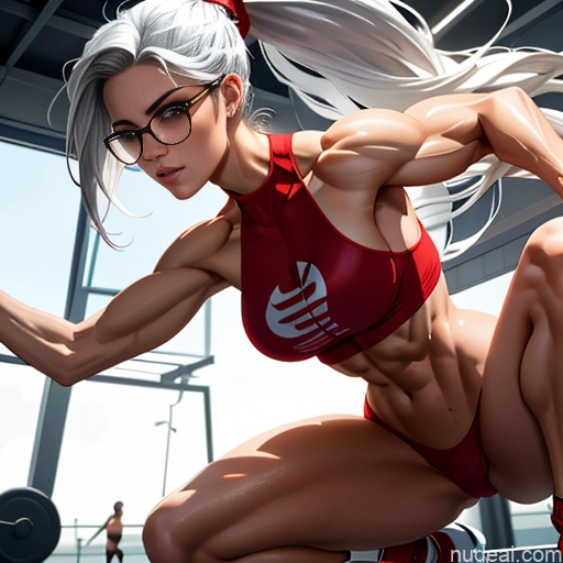 related ai porn images free for Woman Model Bodybuilder Two Busty Small Tits Beautiful Muscular Abs Long Legs Tall Long Hair 20s Serious Seductive White Hair Ponytail Bangs Straight Gym Squatting Spreading Legs Nude