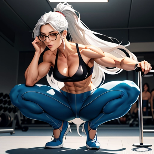 related ai porn images free for Woman Model Bodybuilder Two Busty Small Tits Beautiful Muscular Abs Long Legs Tall Long Hair 20s Serious Seductive White Hair Ponytail Bangs Straight Gym Squatting Spreading Legs Nude