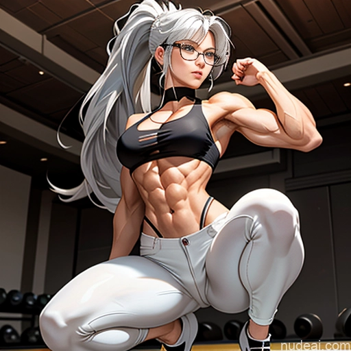 related ai porn images free for Woman Model Bodybuilder Two Busty Small Tits Beautiful Muscular Abs Long Legs Tall Long Hair 20s Serious Seductive White Hair Ponytail Bangs Straight Gym Squatting Spreading Legs Nude