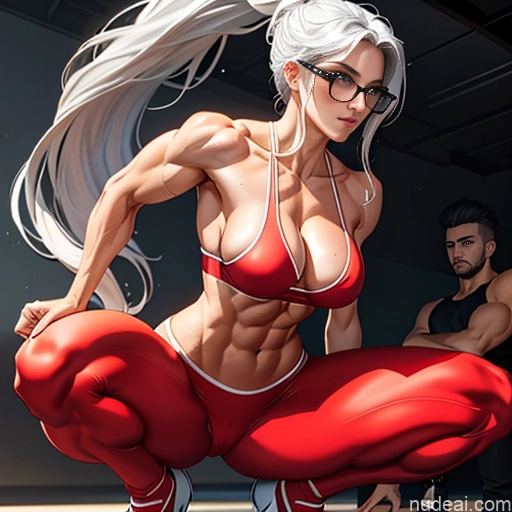 related ai porn images free for Woman Model Bodybuilder Two Busty Small Tits Beautiful Muscular Abs Long Legs Tall Long Hair 20s Serious Seductive White Hair Ponytail Bangs Straight Gym Squatting Spreading Legs Nude