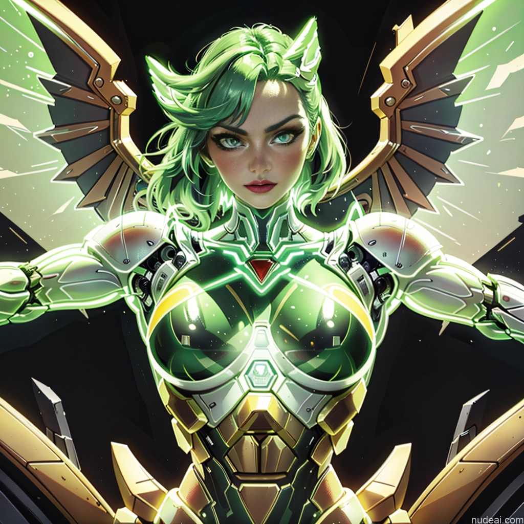 ai nude image of pics of Woman Busty Muscular Abs Front View Has Wings Angel Bodybuilder Perfect Boobs SuperMecha: A-Mecha Musume A素体机娘 Superhero Persian Green Hair Ginger Neon Lights Clothes: Red Neon Lights Clothes: Green Lipstick White