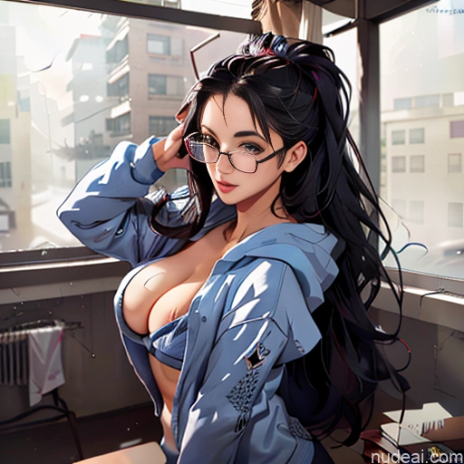 Woman One Huge Boobs Glasses Perfect Body 18 Sexy Face Warm Anime Bedroom Front View Oversized Sweater/Hoodie Downblouse: 俯身露乳