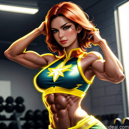 ai nude image of pics of Captain Marvel Busty Abs Front View Woman Superhero Cosplay Muscular Neon Lights Clothes: Yellow