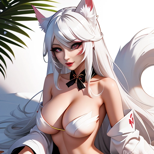 ai nude image of pics of Ahri, 1girl, Long Hair, Animal Ears, Whisker Markings, Korean Clothes, Cleavage, Detached Sleeves Topless Busty White Hair Cute Monster