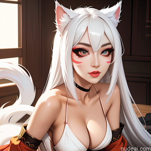 ai nude image of pics of Ahri, 1girl, Long Hair, Animal Ears, Whisker Markings, Korean Clothes, Cleavage, Detached Sleeves White Hair Cute Monster