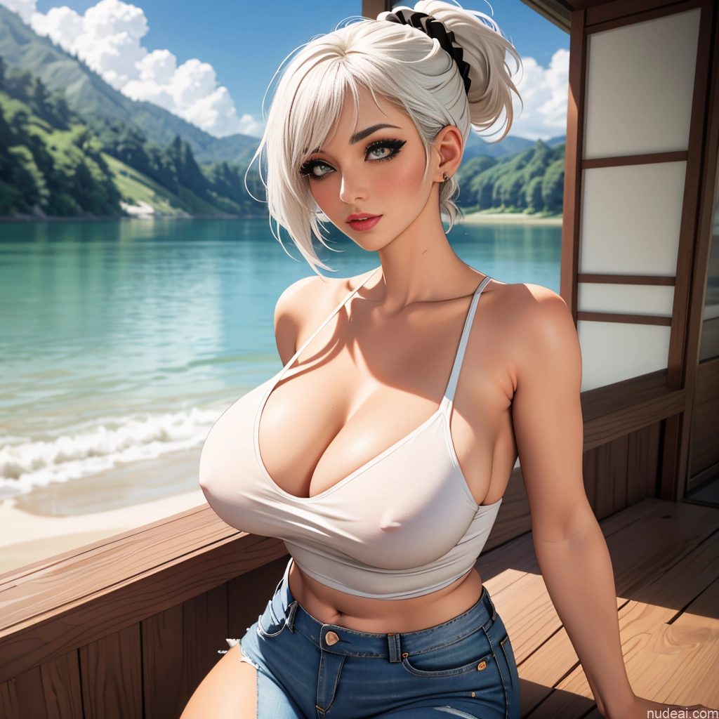 Woman Milf One Huge Boobs Perfect Boobs Beautiful Thick Short Hair 50s Seductive Blonde White Hair Ponytail Soft + Warm Skin Detail (beta) Jeans Pokies Huge Sagging Breasts Jeans Undone Jewelry Lake Veranda Tank Top Western Hat