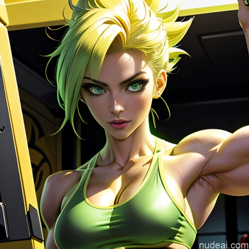 related ai porn images free for Super Saiyan Science Fiction Style Cosplay Busty Front View Bodybuilder Woman Abs Blonde Cyborg Neon Lights Clothes: Green Green Hair