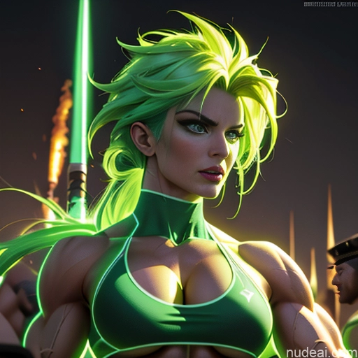 related ai porn images free for Super Saiyan Science Fiction Style Cosplay Busty Front View Bodybuilder Woman Abs Cyborg Neon Lights Clothes: Green Green Hair Several Two Battlefield