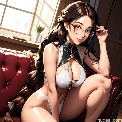 ai nude image of pics of One Milf Busty Huge Boobs Beautiful Glasses Big Ass Thick Long Hair 20s Happy Brunette Messy Asian Soft Anime Couch Front View Squatting Nude Leather Latex Jewelry Bright Lighting Simple