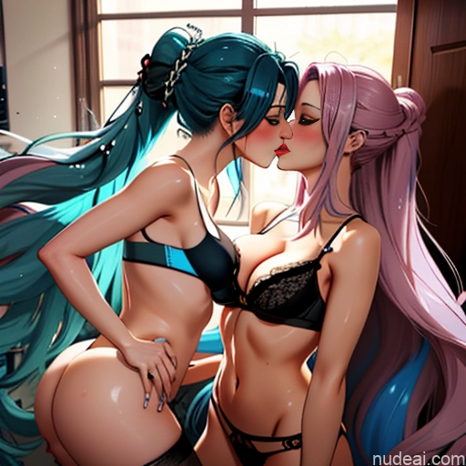 ai nude image of pics of Woman Two Straight Korean Kisses On Back Stockings Panties Beautiful Blue Hair Sports Bra Ponytail Huge Boobs Big Ass Long Hair Fairer Skin Pink Hair Green Hair Brunette Office Shower Prison