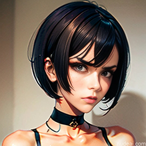 One Anime Skinny Small Tits Big Ass Short Short Hair 18 Brunette Pixie Choker Dress Looking Disgusted (Facial Expression)