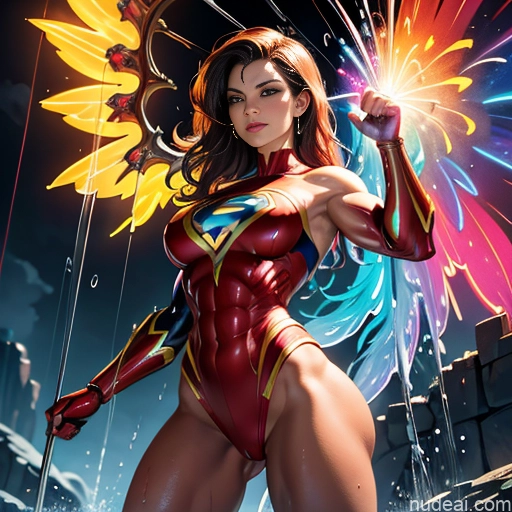 ai nude image of pics of Superheroine Superhero Busty Muscular Powering Up Abs Shower