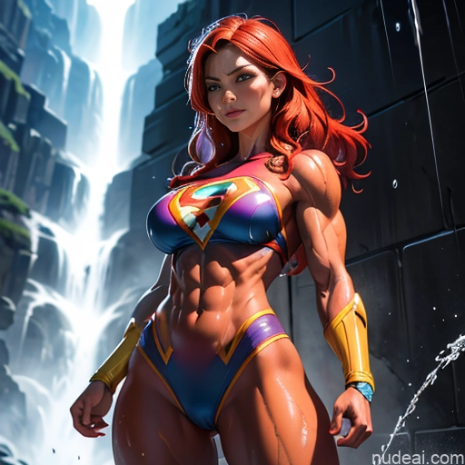 ai nude image of pics of Superheroine Superhero Busty Muscular Powering Up Abs Shower