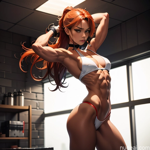 related ai porn images free for Bodybuilder Busty Small Tits Muscular Abs Long Legs Tall Tanned Skin Oiled Body 20s Serious Ginger Long Hair Prison Front View T-pose Choker Thong Medieval Topless Bondage Anime