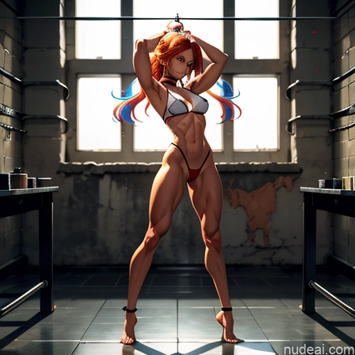 related ai porn images free for Bodybuilder Busty Small Tits Muscular Abs Long Legs Tall Tanned Skin Oiled Body 20s Serious Ginger Long Hair Prison Front View T-pose Choker Thong Medieval Topless Bondage Anime