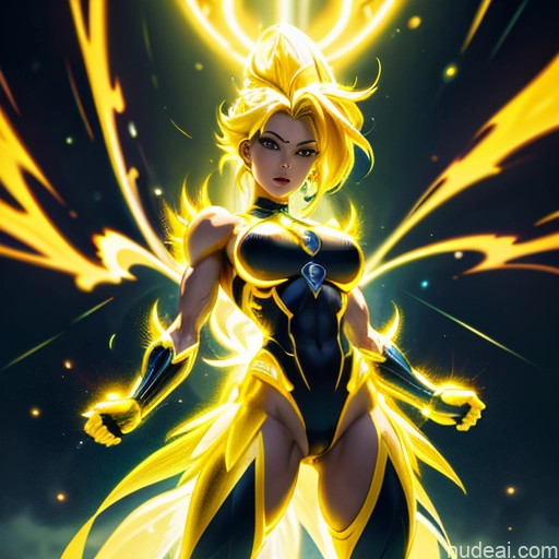 related ai porn images free for Super Saiyan Superhero Muscular Busty Abs Powering Up Superheroine Science Fiction Style Neon Lights Clothes: Yellow